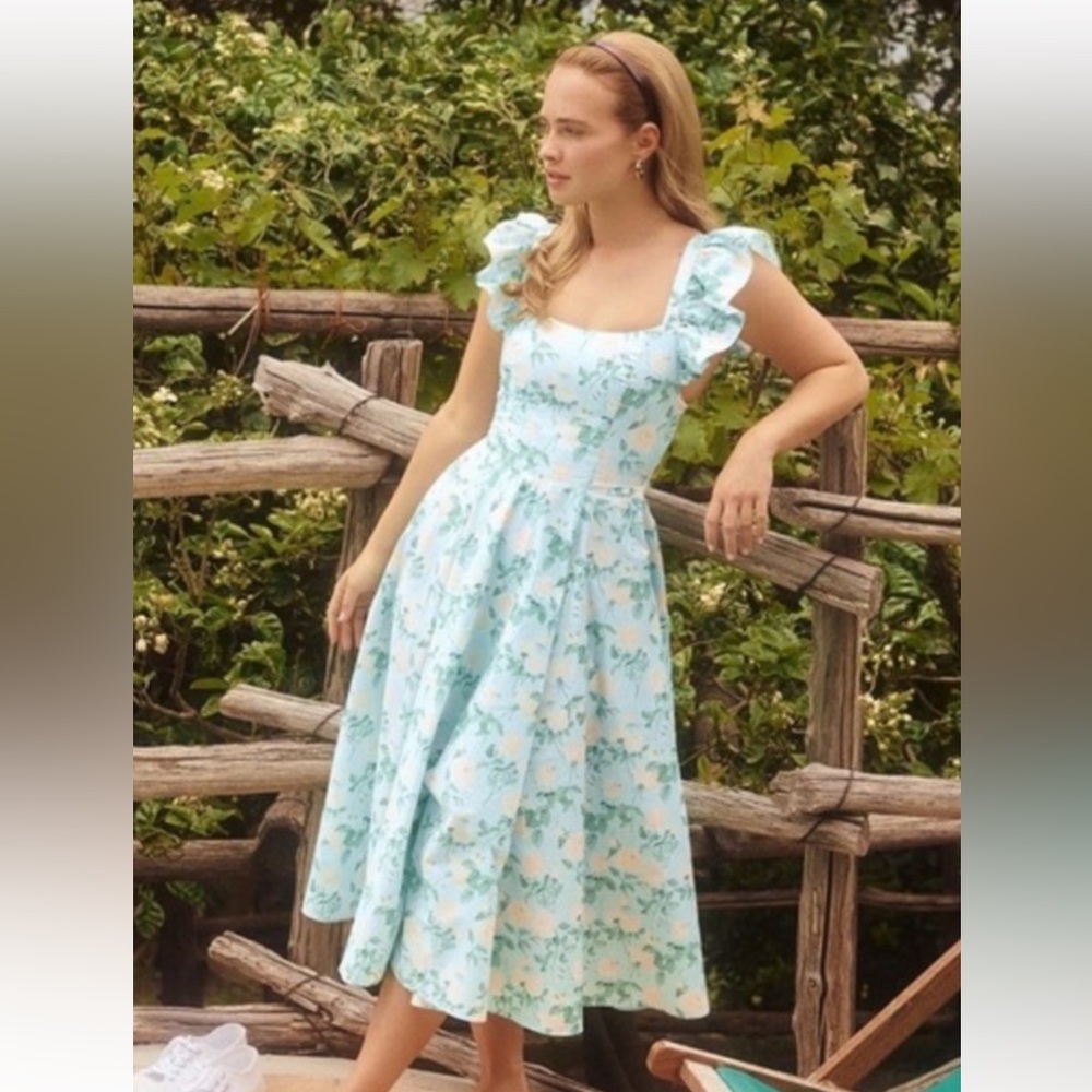 Hill House Daphne Dress| Floral Cotton Midi w Ruffle | Size M Medium 100% Cotton